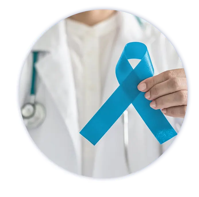 doctor in white lab coat holding light blue ribbon